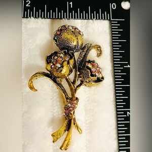 Vtg Gold Tone Flower Bouquet Brooch Multi-Color AB Rhinestone